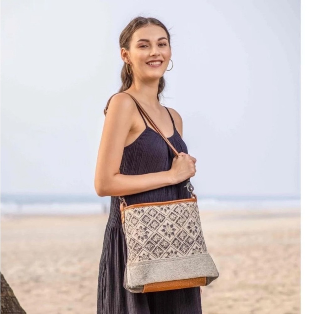 Myra Bag | Women’s Tessellated Shoulder Bag Upcycled Cotton Cowhide Leather Hair